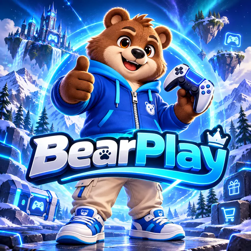 Фирменный медвежонок BearPlay в синей худи с геймпадом